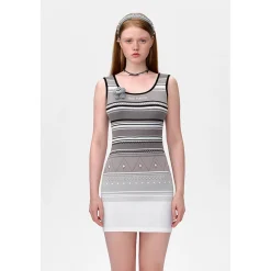 13De Marzo Color Blocked Striped Hollow Out Slim Dress Black