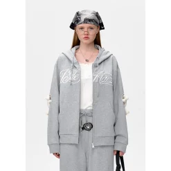 13De Marzo Doozoo Elbow Hollow Out Heart Zip Hoodie Gray