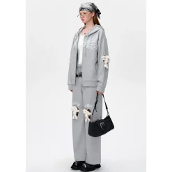 13De Marzo Doozoo Elbow Hollow Out Heart Zip Hoodie Gray