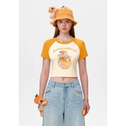 13De Marzo Fruit Printed Raglan Slim-Fit Crop Top Orange