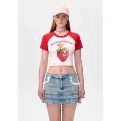 13De Marzo Fruit Printed Raglan Slim-Fit Crop Top Red