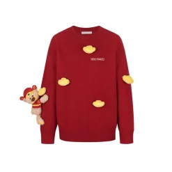 13De Marzo Luminous Golden Ingot Plush Bear Knit Sweater Red