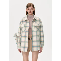 13De Marzo Plaid Bear Shirt Coat Beige