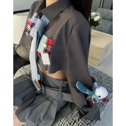 13De Marzo Plaid Denim Patch Short Shirt
