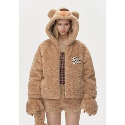 13De Marzo Plush Bear Detachable Fuzzy Down Jacket Khaki