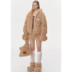 13De Marzo Plush Bear Detachable Fuzzy Down Jacket Khaki