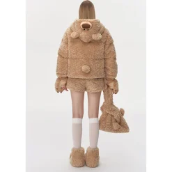 13De Marzo Plush Bear Detachable Fuzzy Down Jacket Khaki