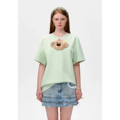 13De Marzo Plush Bear Flower Clip T-Shirt Mint Green