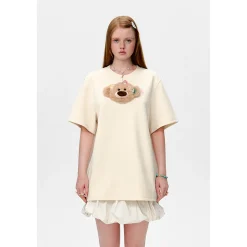 13De Marzo Plush Bear Flower Clip T-Shirt Beige