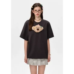 13De Marzo Plush Bear Flower Clip T-Shirt Dark Grey