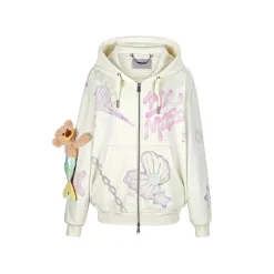 13De Marzo Plush Bear Graffiti Zip Up Hoodie Beige