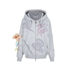 13De Marzo Plush Bear Graffiti Zip Up Hoodie Gray
