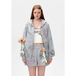 13De Marzo Plush Bear Graffiti Zip Up Hoodie Gray
