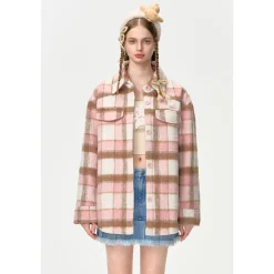 13De Marzo Plush Bear Plaid Furry Shirt Pink