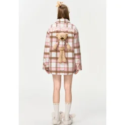 13De Marzo Plush Bear Plaid Furry Shirt Pink