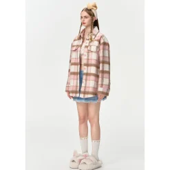 13De Marzo Plush Bear Plaid Furry Shirt Pink