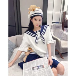 13De Marzo Plush Bear Sailor Collar Tee White