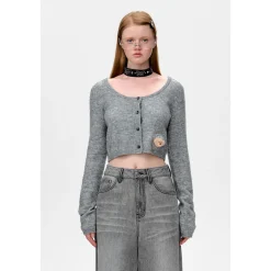 13De Marzo Plush Bear Short Knit Cardigan Dark Grey