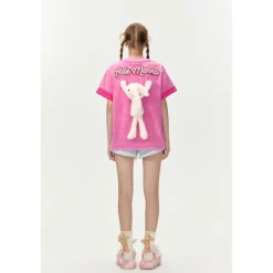 13De Marzo Plush Rabbit Sequins Logo T-Shirt Washed Pink