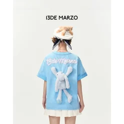 13De Marzo Plush Rabbit Sequins Logo T-Shirt Washed Blue