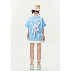 13De Marzo Plush Rabbit Sequins Logo T-Shirt Washed Blue