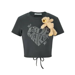 13De Marzo Rhinestone Heart Logo Tee Dark Grey