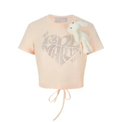 13De Marzo Rhinestone Heart Logo Tee Pink