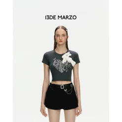 13De Marzo Rhinestone Heart Logo Tee Dark Grey
