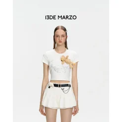 13De Marzo Rhinestone Heart Logo Tee White