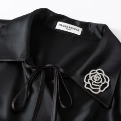 Diana Vevina Acetate Rose Brooch Satin Dress Black