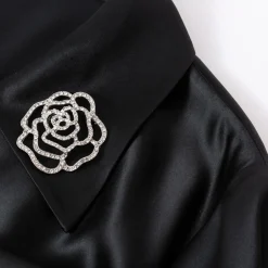 Diana Vevina Acetate Rose Brooch Satin Dress Black