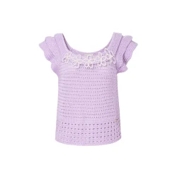 Diana Vevina Beaded Flower Hollow Knit Top Purple