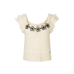 Diana Vevina Beaded Flower Hollow Knit Top Beige