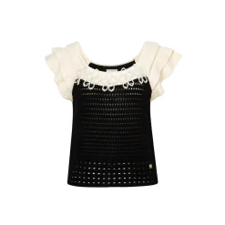 Diana Vevina Beaded Flower Hollow Knit Top Black