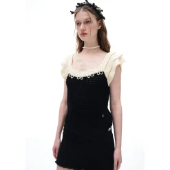 Diana Vevina Beaded Flower Hollow Knit Top Black