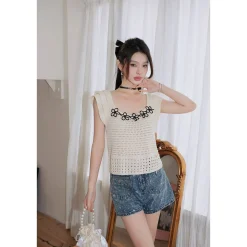 Diana Vevina Beaded Flower Hollow Knit Top Beige