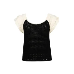 Diana Vevina Beaded Flower Hollow Knit Top Black