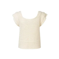 Diana Vevina Beaded Flower Hollow Knit Top Beige