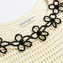 Diana Vevina Beaded Flower Hollow Knit Top Beige