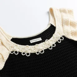 Diana Vevina Beaded Flower Hollow Knit Top Black