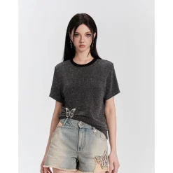 Eimismosol Sparkly Metallic Butterfly Wrinkle T-Shirt