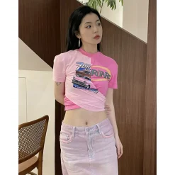 Fordare Color Blocked Cross Cutting Crop Top Pink
