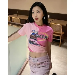 Fordare Color Blocked Cross Cutting Crop Top Pink