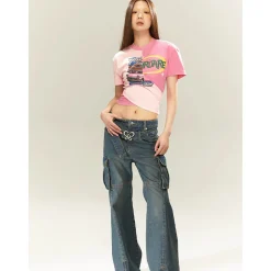 Fordare Color Blocked Cross Cutting Crop Top Pink