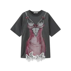 FORDARE Hand-Painted Lace Dress T-Shirt Grey