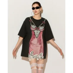 FORDARE Hand-Painted Lace Dress T-Shirt Grey