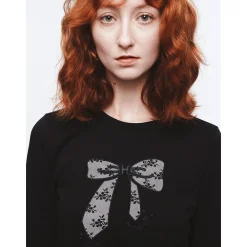 Herlian Bow Pattern Embroidery L/S T-Shirt Black
