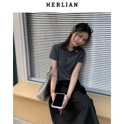 Herlian Bow Pins Knit Polo Top Grey