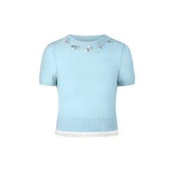 Herlian 3D Flower Trim Short Sleeve Knit Top Blue