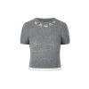 Herlian 3D Flower Trim Short Sleeve Knit Top Gray